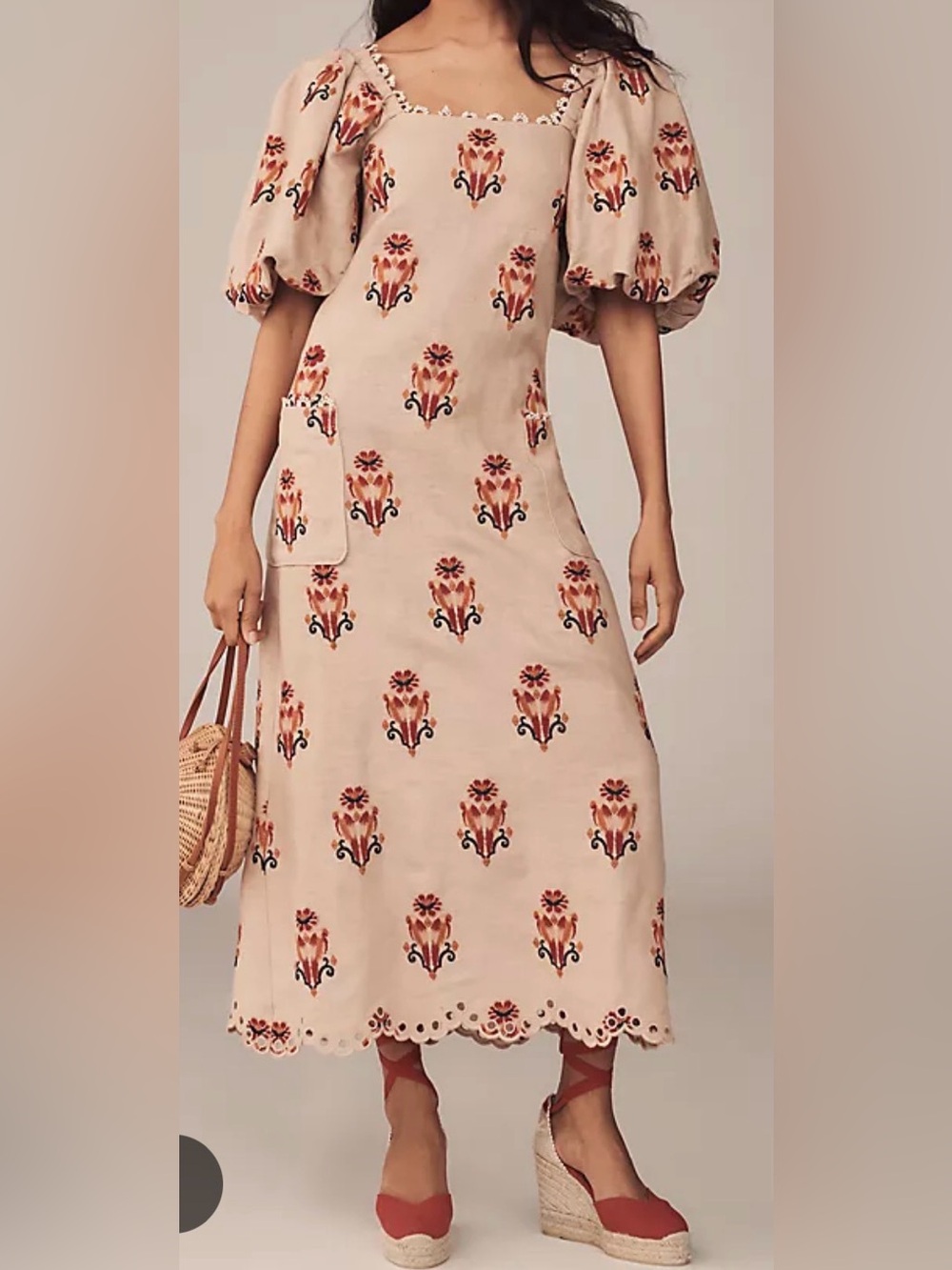 FARM Rio Beige Midi Dress with Red Embroidered Floral Print - Picture 1 of 7